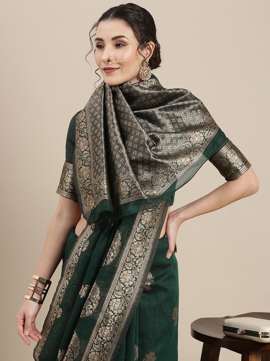 

Saree mall Green Floral Linen Blend Banarasi Saree