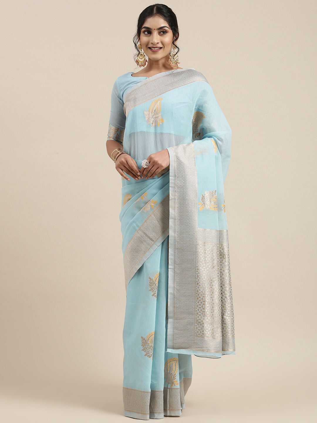 

Saree mall Turquoise Blue Paisley Linen Blend Banarasi Saree