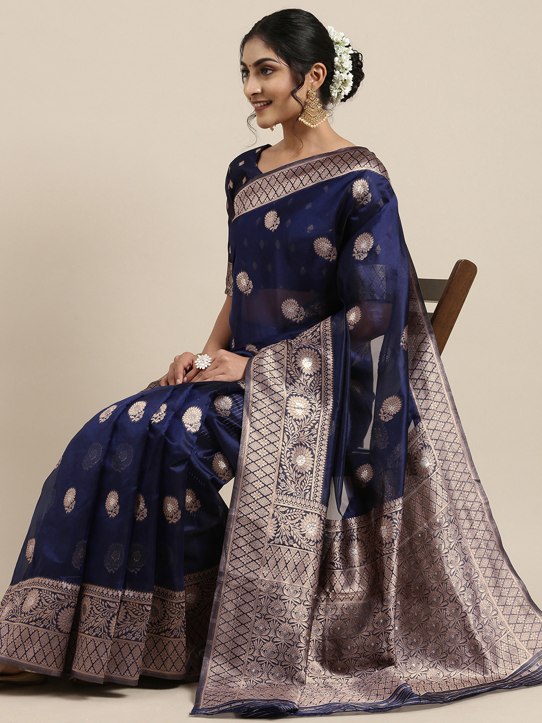 

Saree mall Navy Blue Ethnic Motifs Organza Banarasi Saree