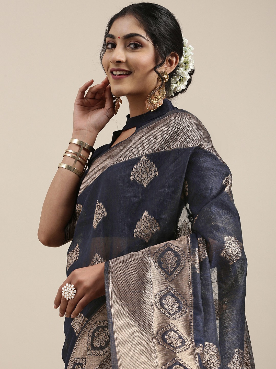 

Saree mall Navy Blue Ethnic Motifs Linen Blend Banarasi Saree