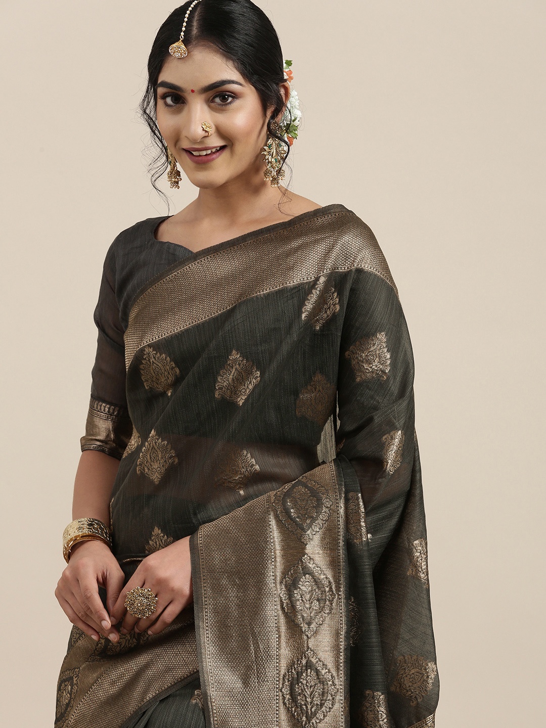 

Saree mall Grey Ethnic Motifs Linen Blend Banarasi Saree