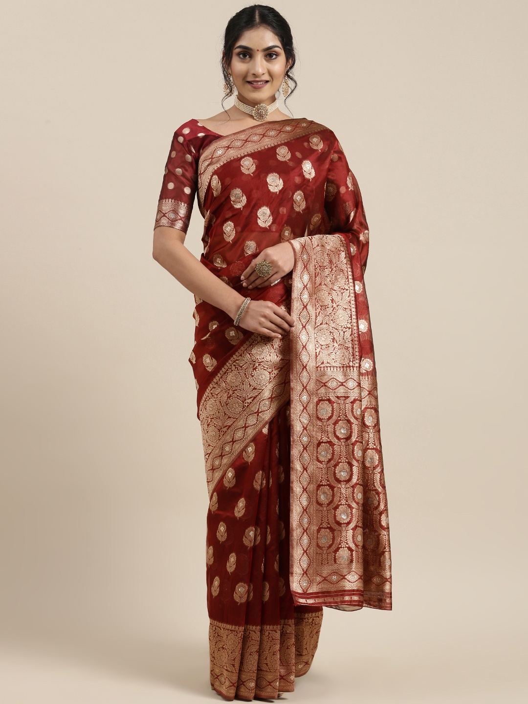 

Saree mall Maroon Floral Organza Banarasi Saree