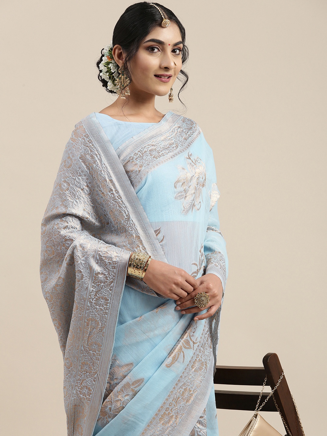 

Saree mall Turquoise Blue Floral Linen Blend Banarasi Saree