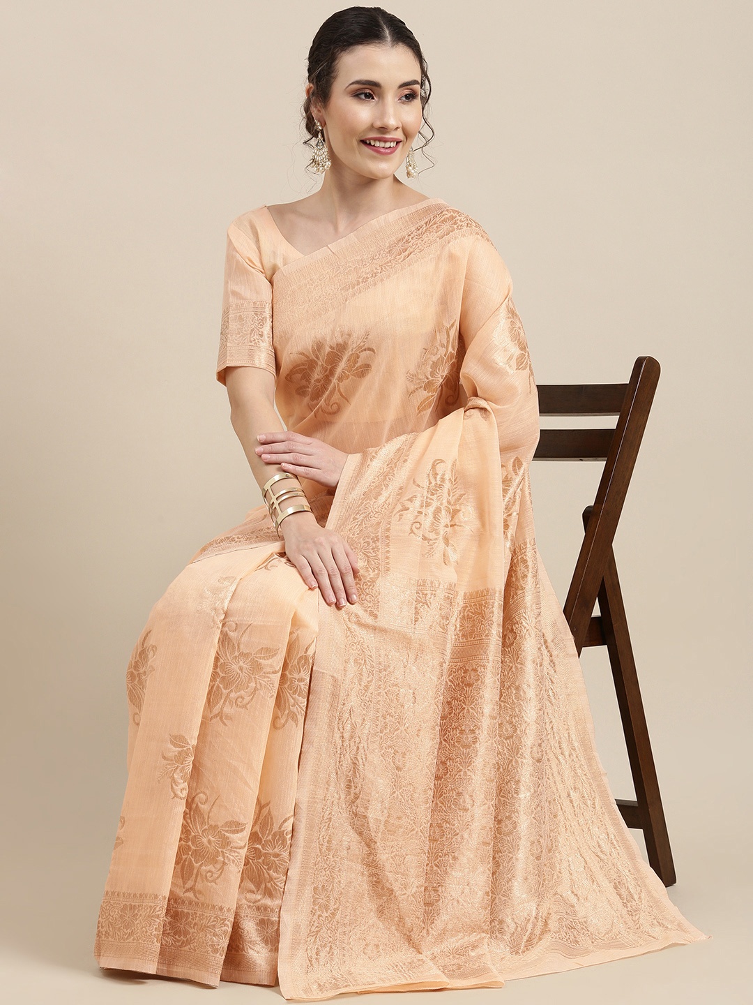 

Saree mall Peach-Coloured Floral Linen Blend Banarasi Saree