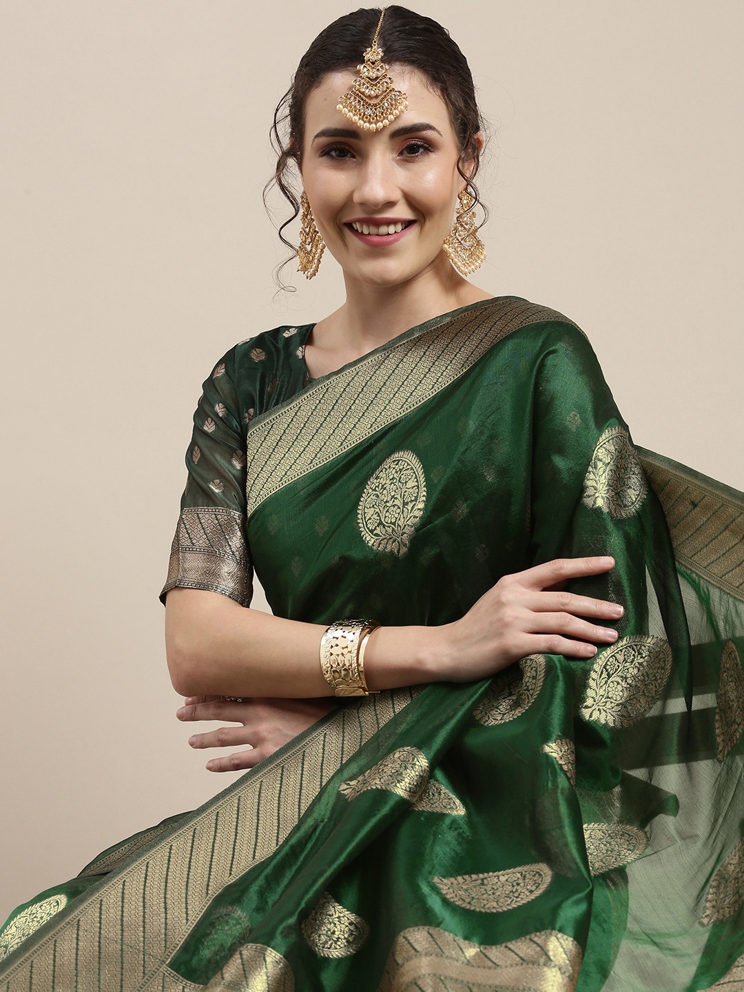 

Saree mall Green Ethnic Motifs Organza Banarasi Saree