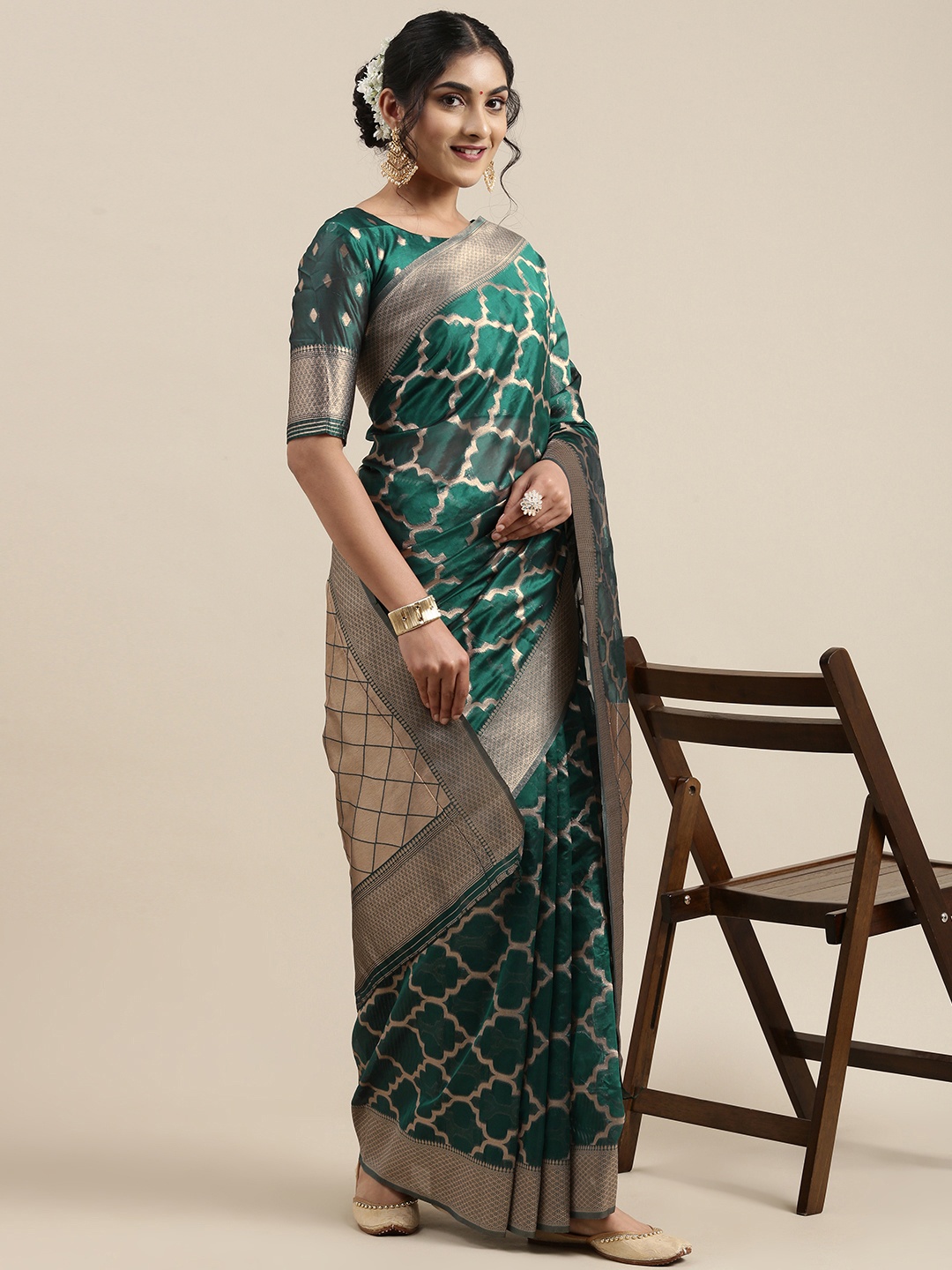 

Saree mall Teal Green Organza Banarasi Saree