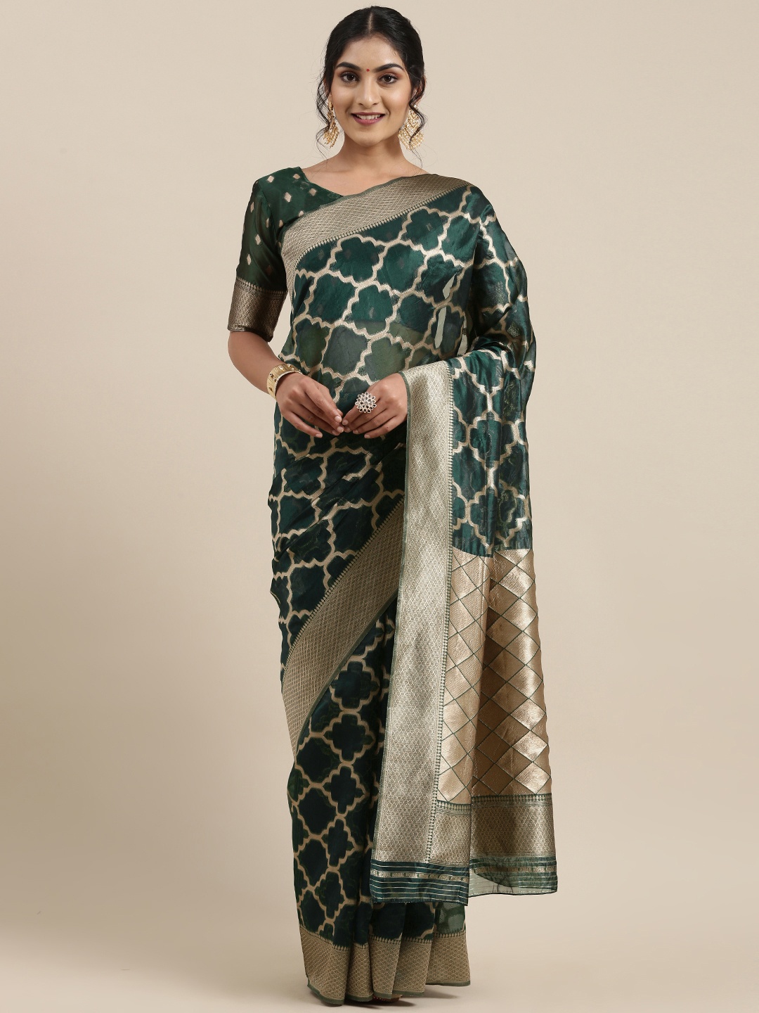 

Saree mall Green Organza Banarasi Saree