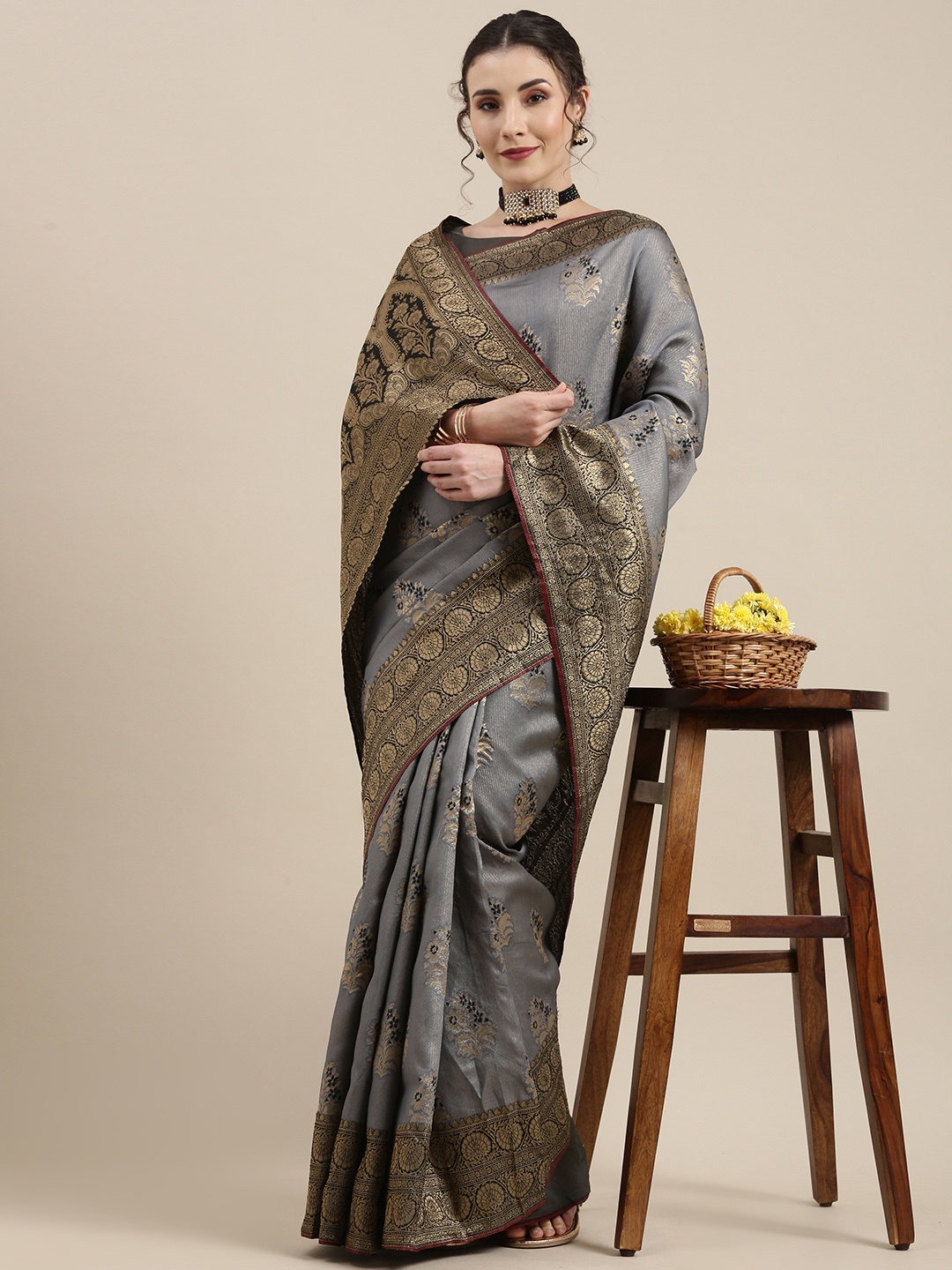 

Saree mall Grey Floral Silk Blend Banarasi Saree
