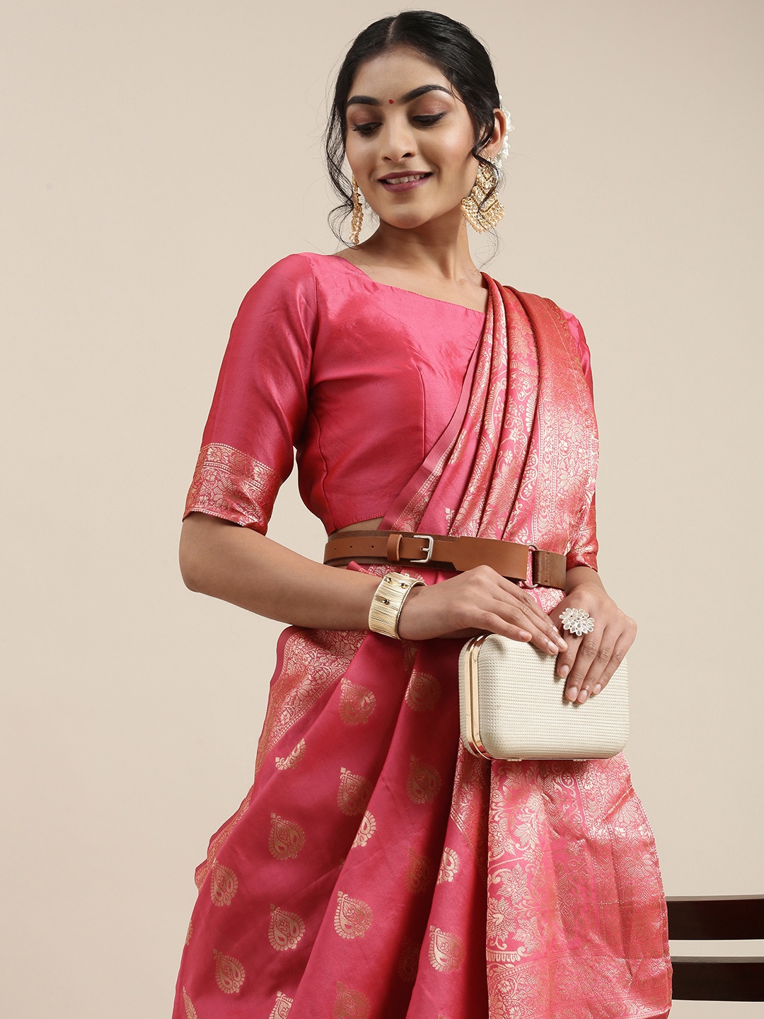 

Saree mall Pink Ethnic Motifs Silk Blend Banarasi Saree