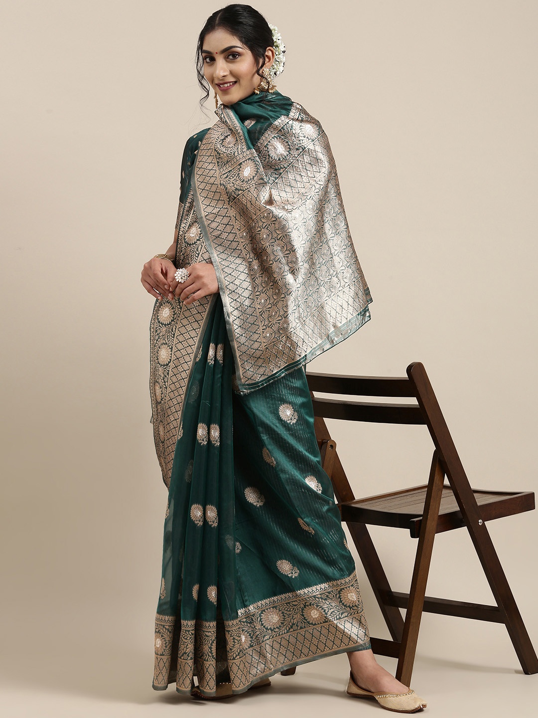 

Saree mall Teal Green Ethnic Motifs Organza Banarasi Saree