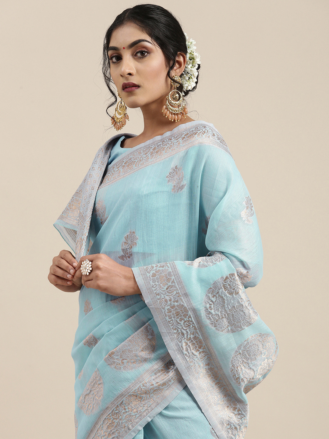 

Saree mall Blue Floral Linen Blend Banarasi Saree