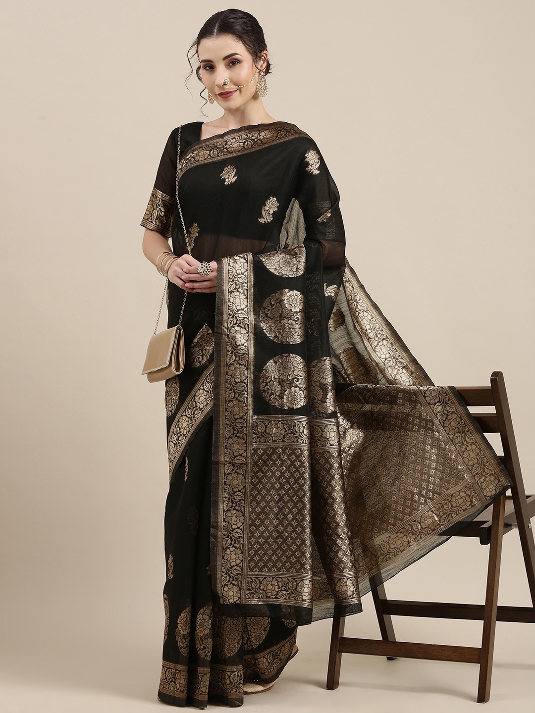 

Saree mall Black Floral Linen Blend Banarasi Saree