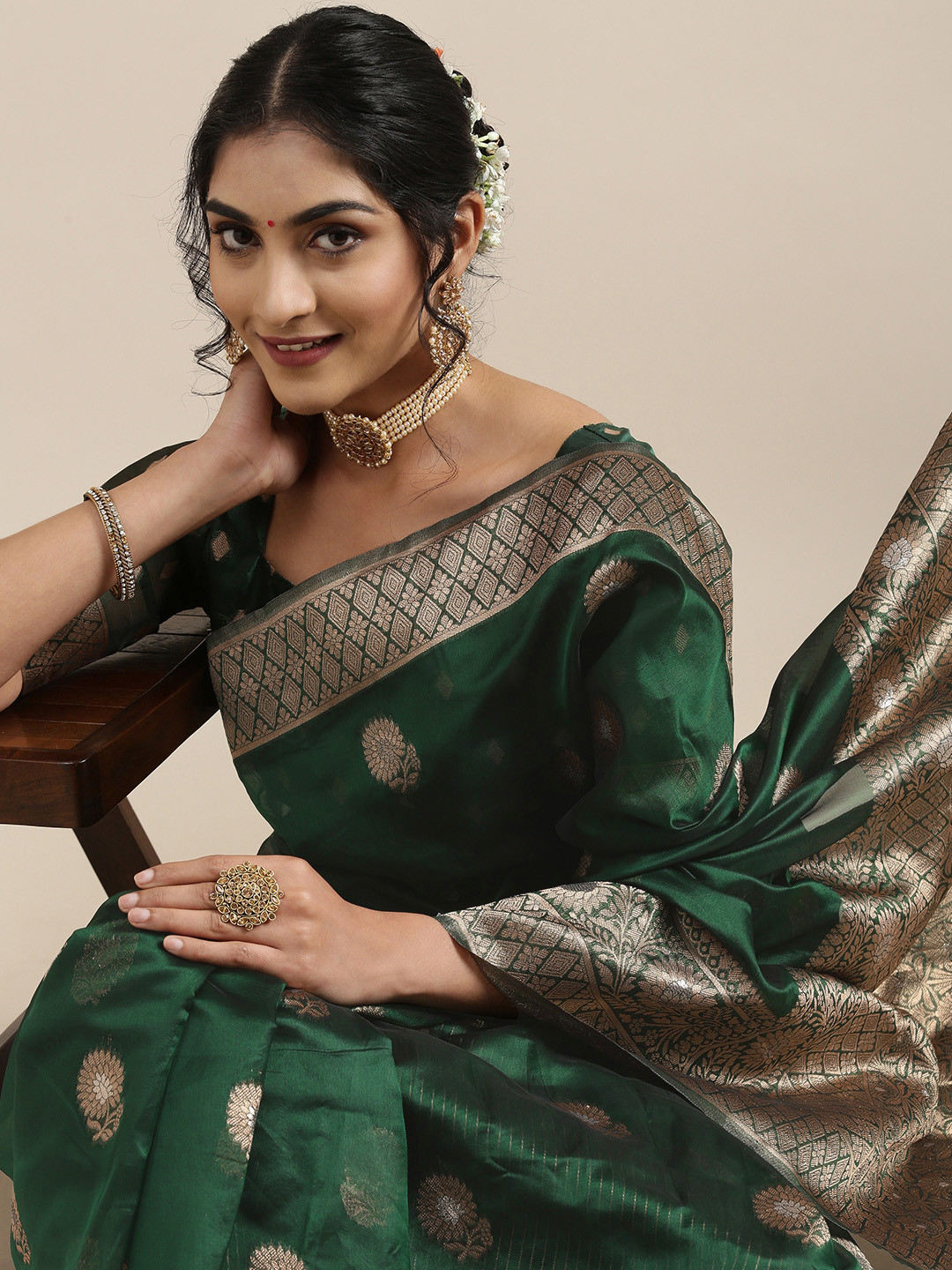 

Saree mall Green Ethnic Motifs Organza Banarasi Saree