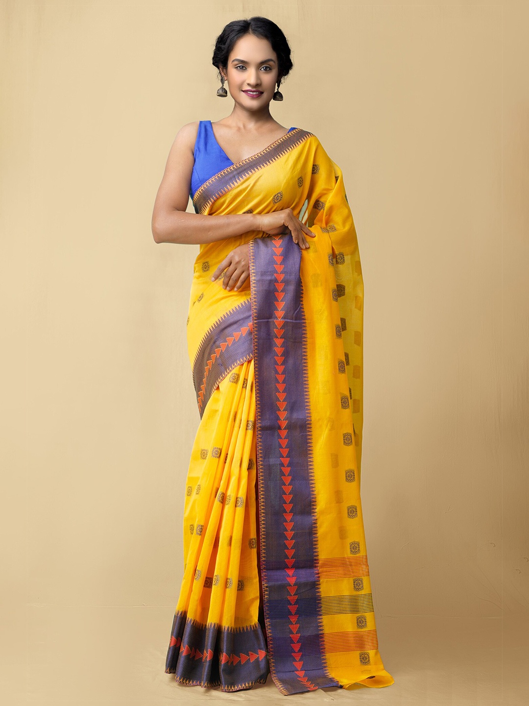 

Unnati Silks Orange & Blue Woven Design Silk Cotton Bhagalpuri Saree