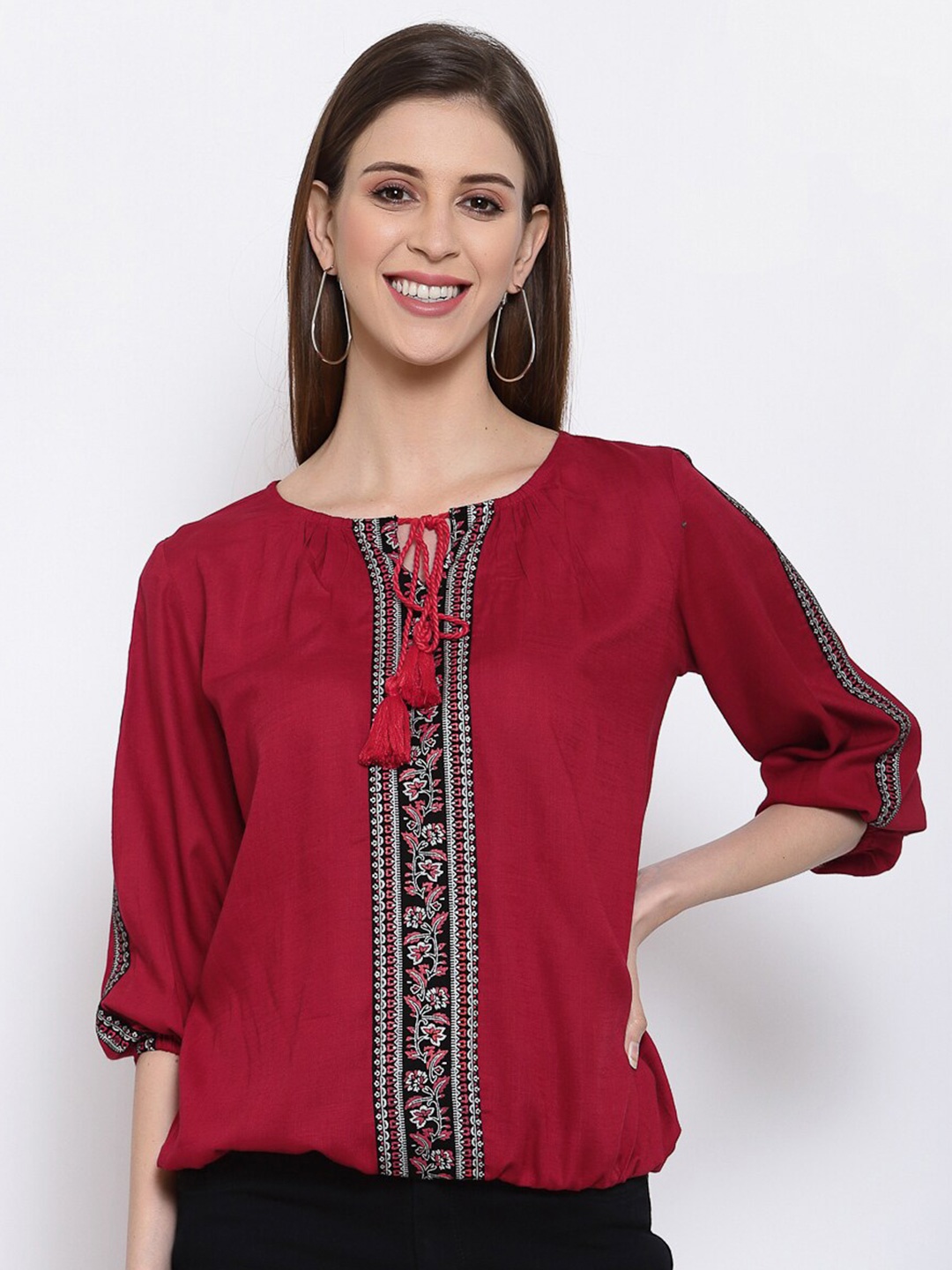 

Selvia Red Print Tie-Up Neck Placement Print Blouson Top