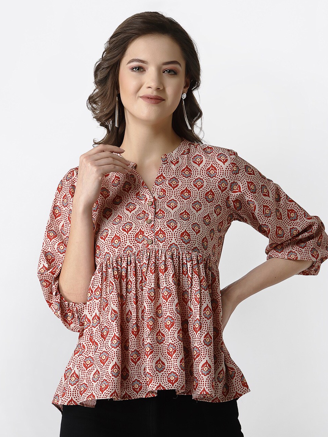

Selvia Beige & Red Print Mandarin Collar Empire Top
