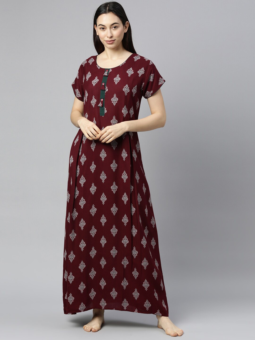 

GOLDSTROMS Maroon Printed Pure Cotton Maxi Nightdress