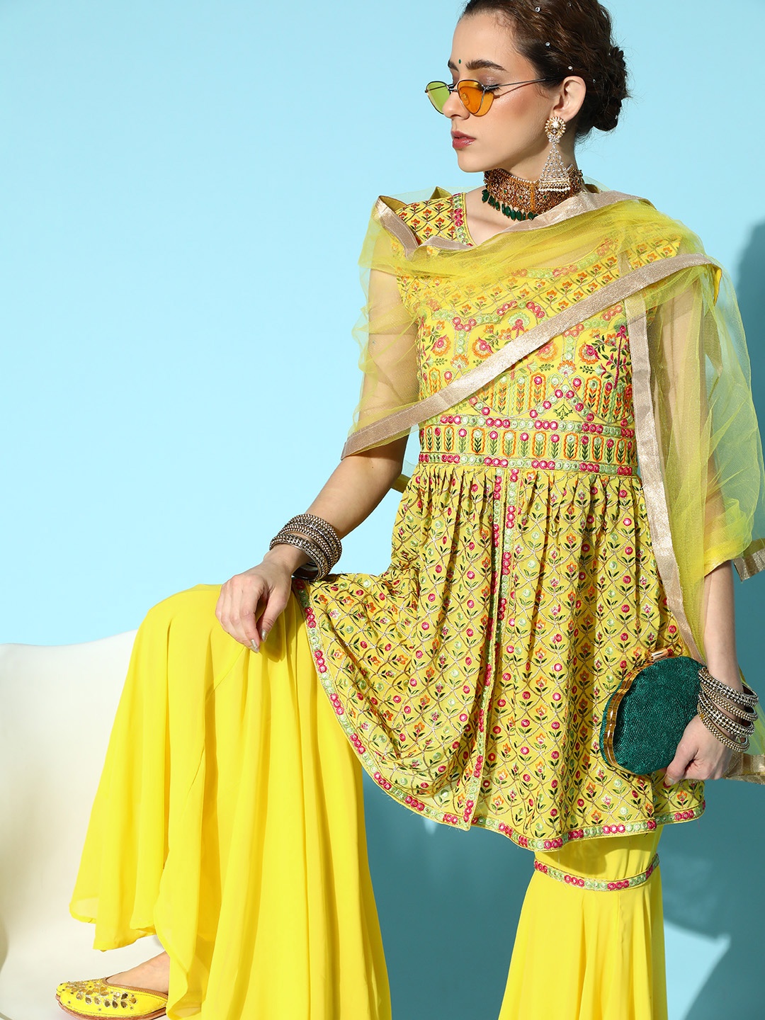 

Chhabra 555 Floral Poly Georgette Short Kurti with Sharara, Yellow