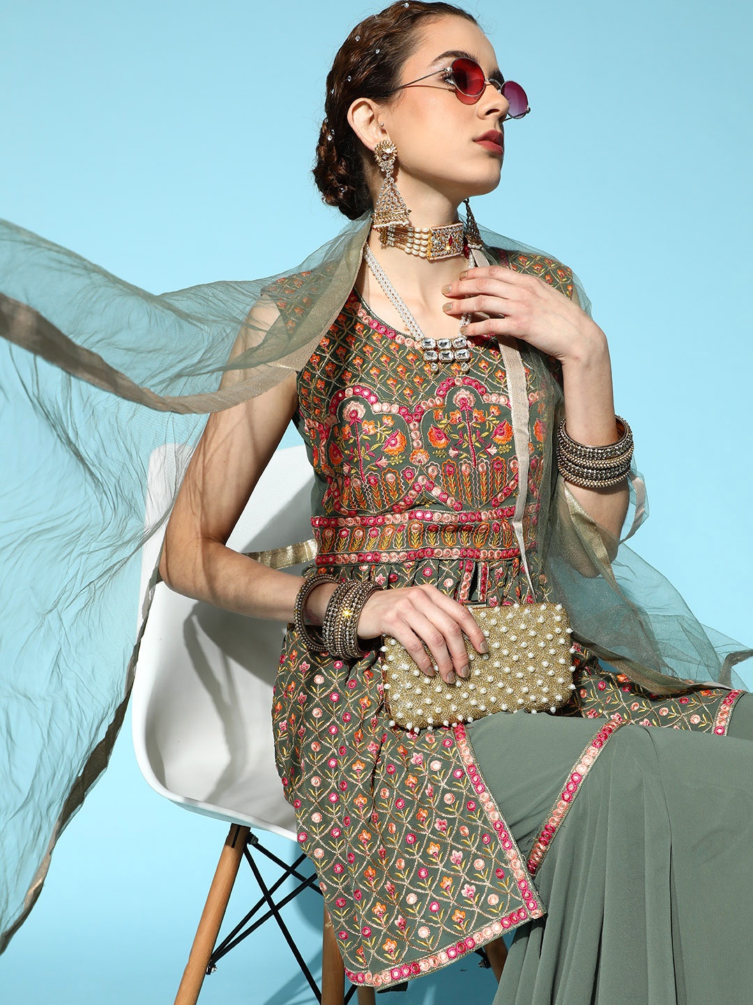 

Chhabra 555 Floral Poly Georgette Short Kurti with Sharara, Olive