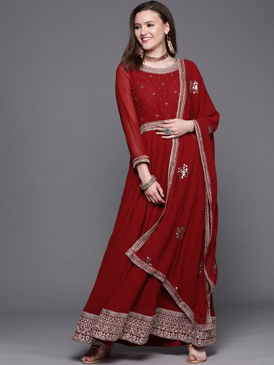 

Chhabra 555 Women Maroon Embroidered Beads and Stones Kurta with Churidar & With Dupatta