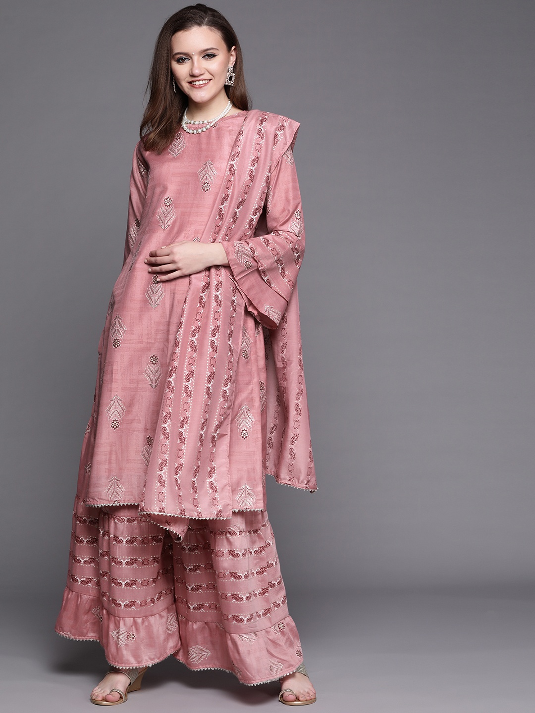 

Chhabra 555 Pink & White Indie Khari Print Made to Measure Kurta Sharara Dupatta