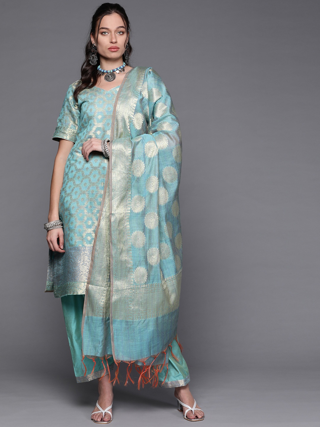 

Chhabra 555 Women Turquoise Blue Woven Design Kurta with Salwar & Dupatta