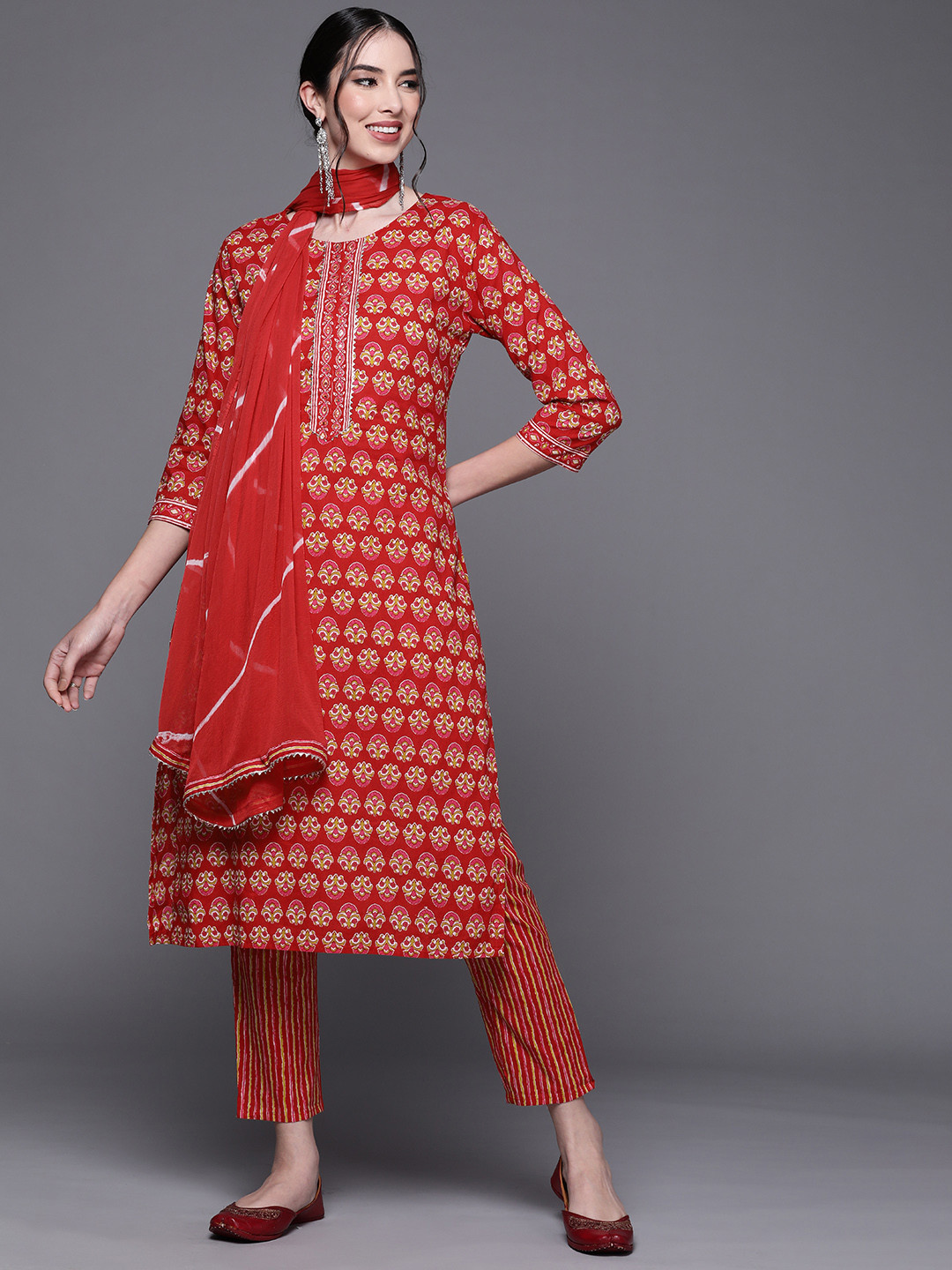 

Chhabra 555 Women Red & Mustard Yellow Cotton Batik Print Gotta Made To Measure Kurta Set