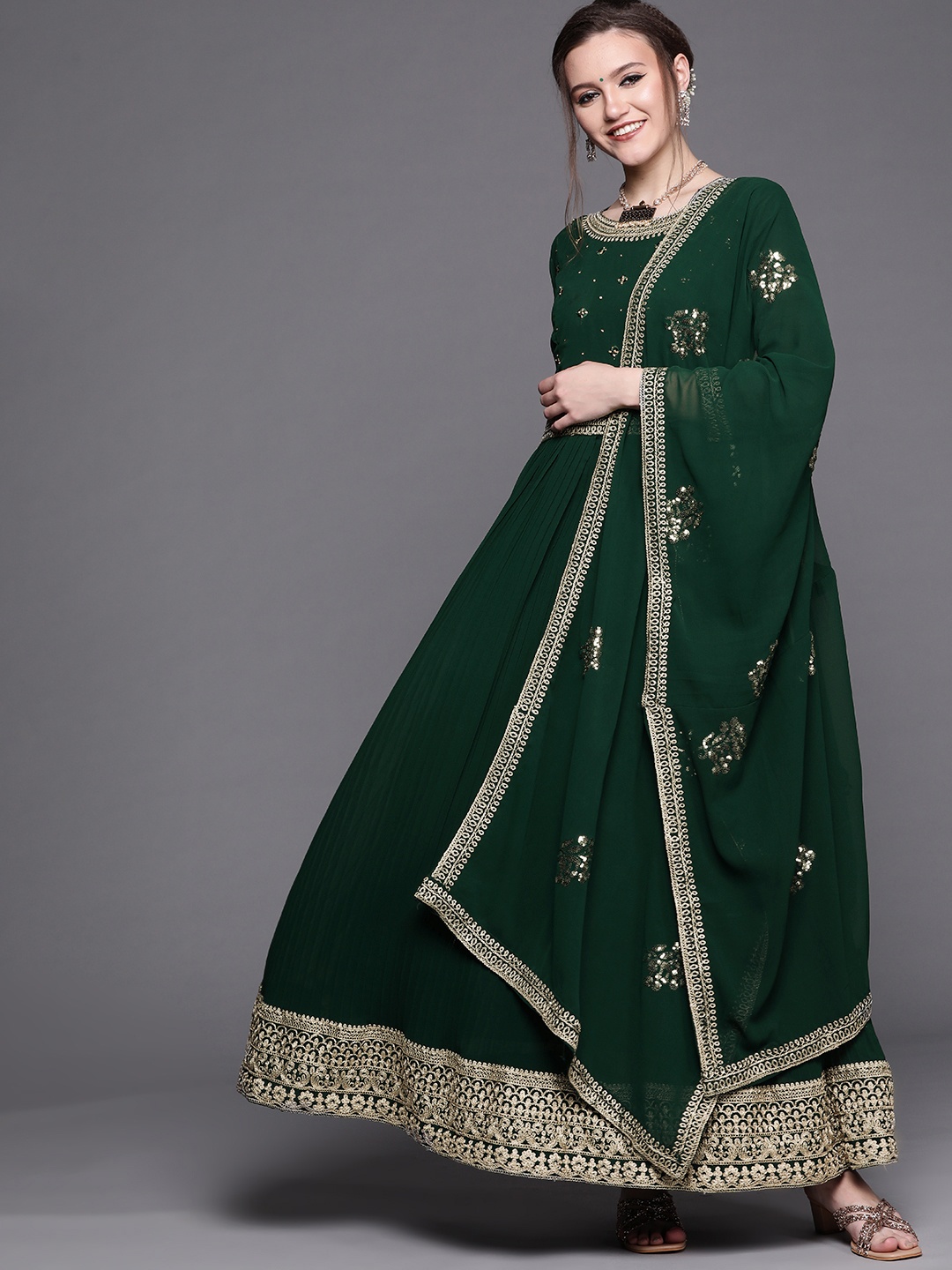 

Chhabra 555 Women Green & Gold Ethnic Yoke Design Made to Measure Anarkali Kurta Dupatta