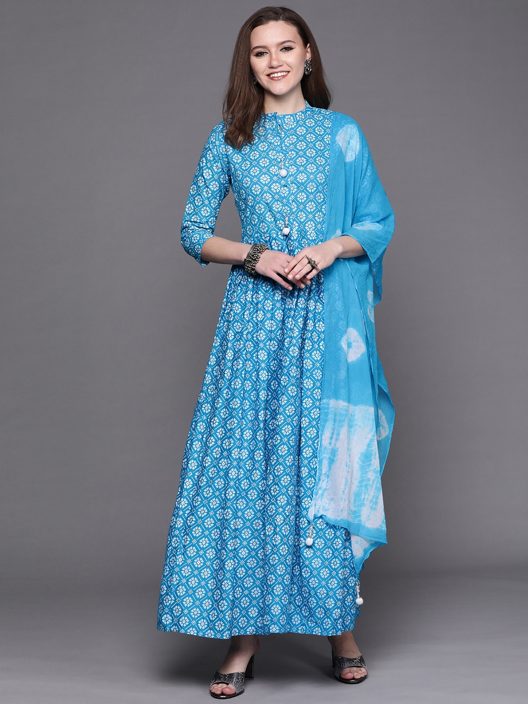 

Chhabra 555 Blue & White Made To Measure Maxi Dress & Bandhani Dupatta