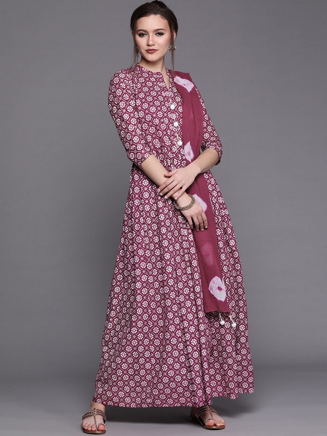 

Chhabra 555 Magenta & Off-White Made To Measure Maxi Dress & Bandhani Dupatta