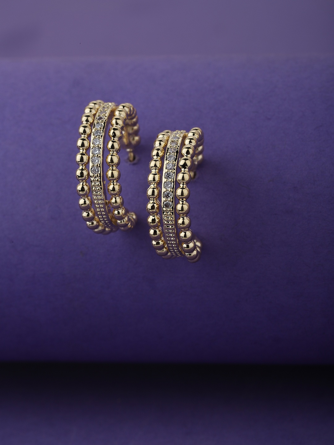 

Carlton London Gold-Plated CZ-Studded Handcrafted Crescent Shaped Half Hoops