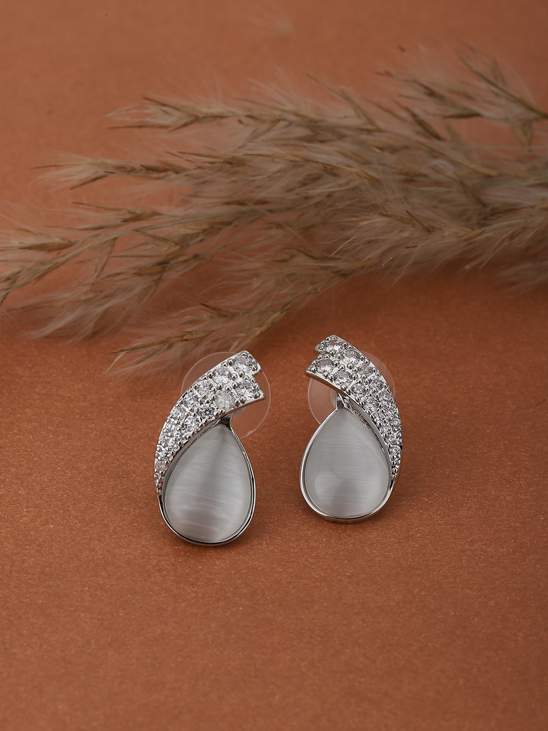 

Carlton London Silver-Toned Rhodium Plated CZ Studded Handcrafted Teardrop Shaped Earrings