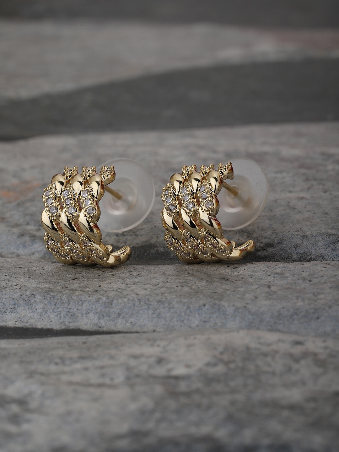 

Carlton London Gold-Plated CZ-Studded Handcrafted Crescent Shaped Half Hoops