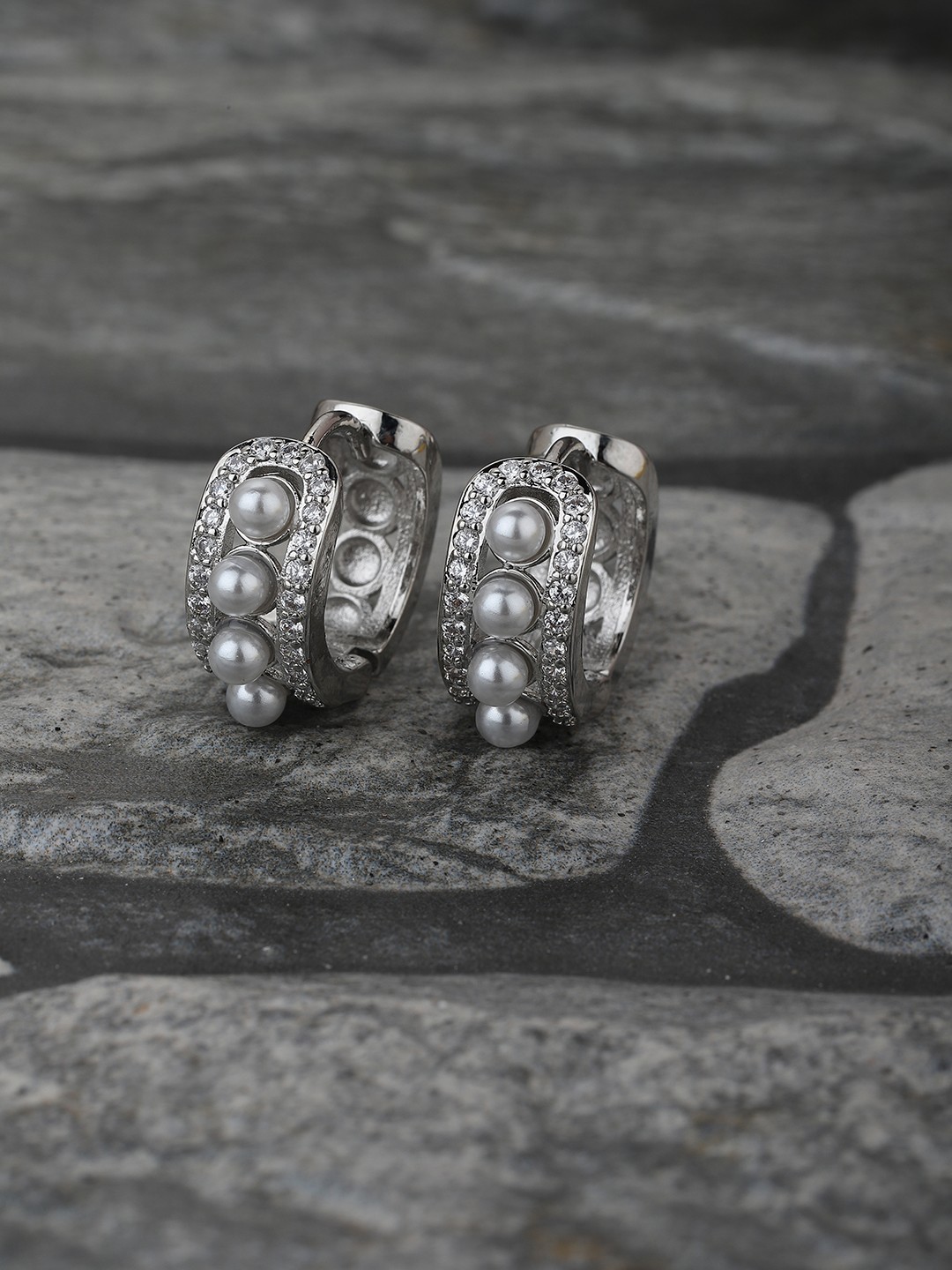 

Carlton London Silver-Toned & White Handcrafted Circular Hoop Earrings