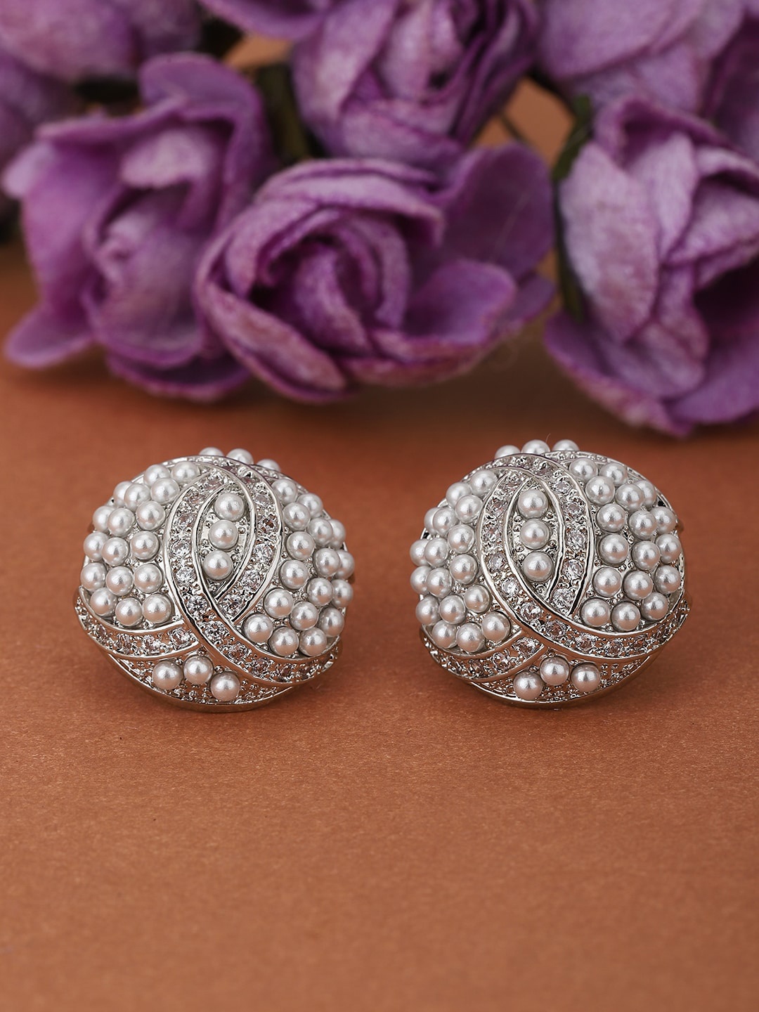 

Carlton London Silver-Toned & Off-White Rhodium Plated CZ Studded Handcrafted Studs