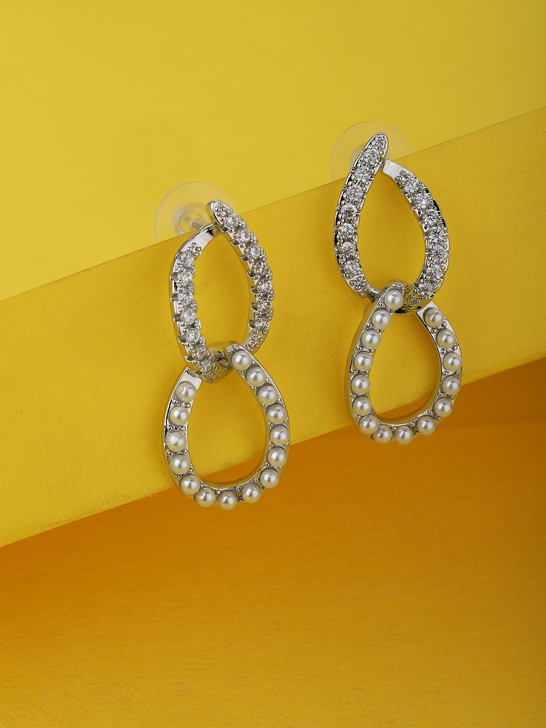 

Carlton London Silver-Toned & Off-White Rhodium-Plated CZ-Studded Drop Earrings