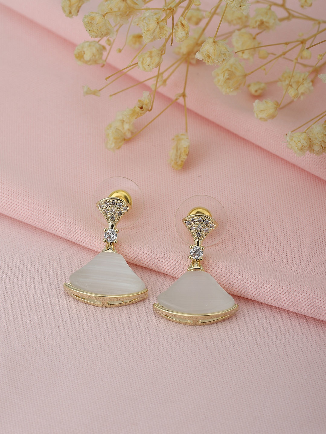 

Carlton London Off-White Gold-Plated CZ-Studded Handcrafted Contemporary Drop Earrings