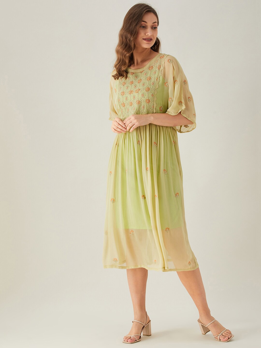 

The Kaftan Company Green Floral Embroidered Georgette A-Line Midi Dress