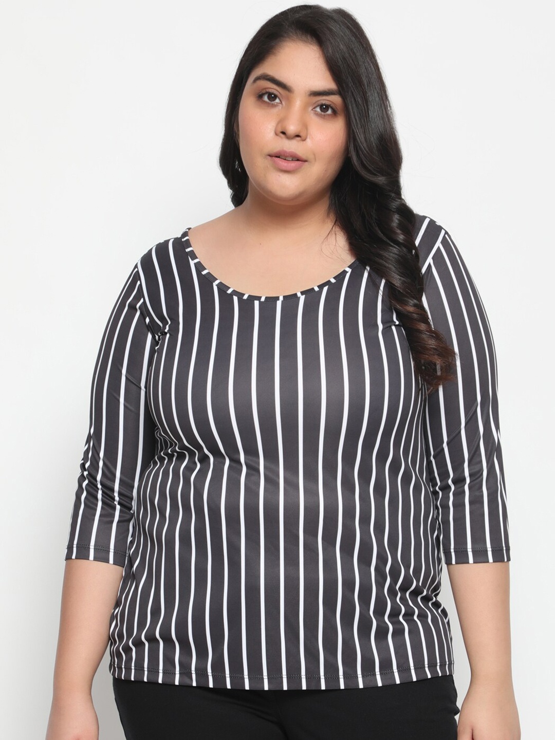 

Amydus Plus Size Women Black & White Striped T-shirt