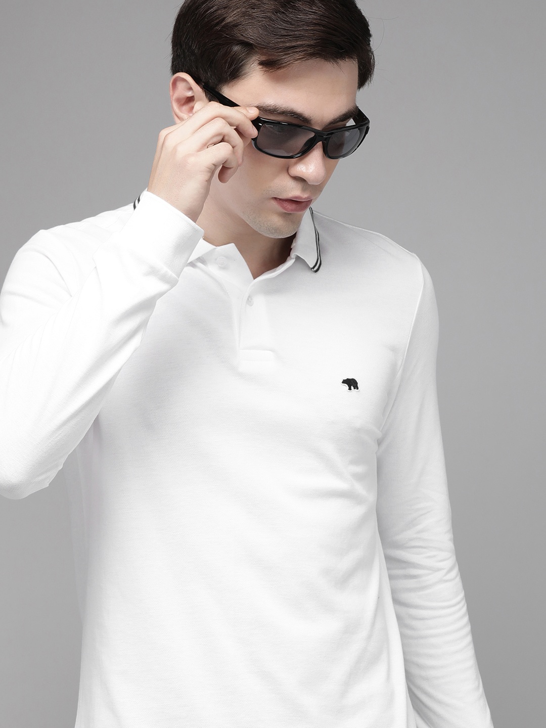 

THE BEAR HOUSE Men White OverDyed Pure Cotton Polo Collar Slim Fit T-shirt