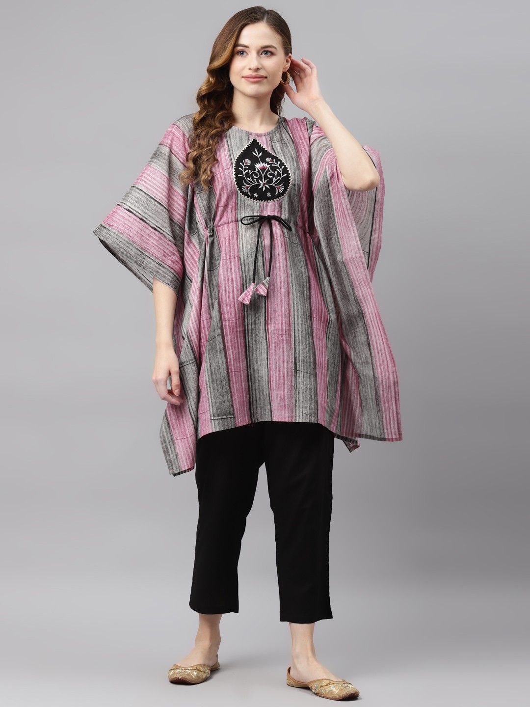 

Readiprint Fashions Women Grey & Pink Cotton Striped Kaftan with Trousers