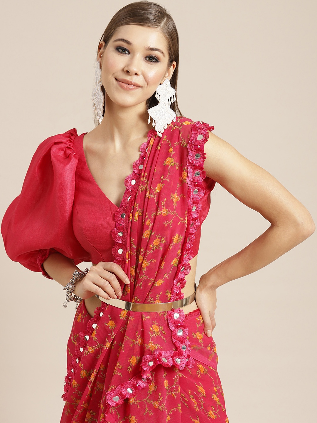 

Tikhi Imli Pink & Green Floral Mirror Work Saree