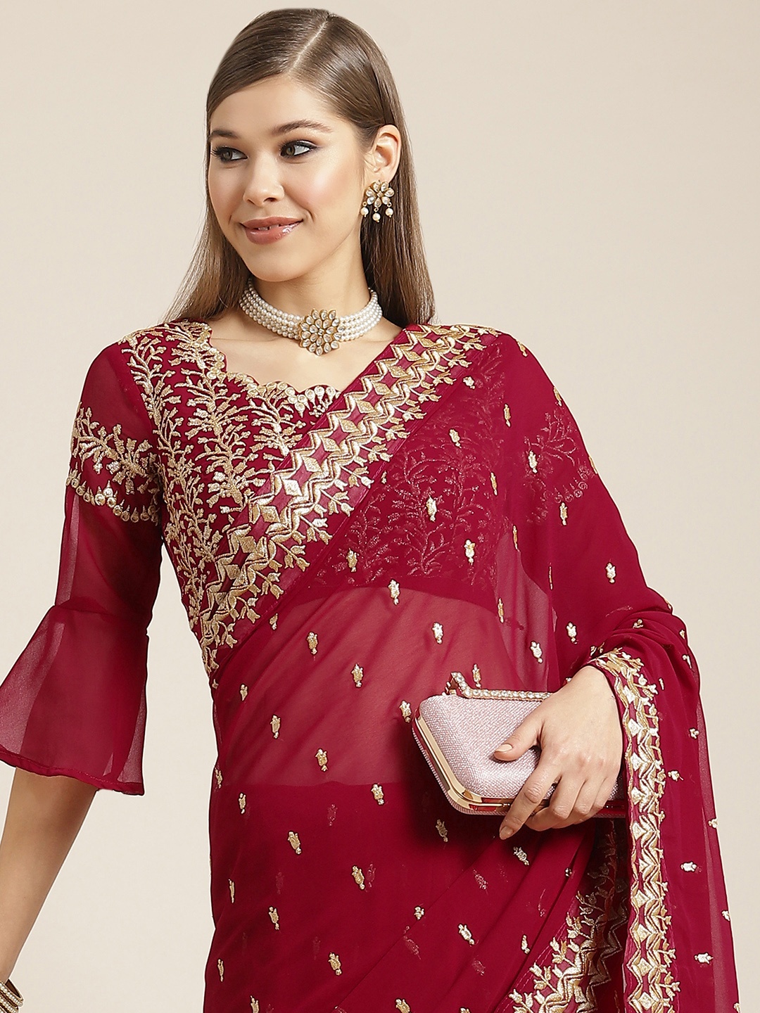 

Tikhi Imli Maroon Swaroski Crystals Embellished Heavy Work Ruffled Zari Celebrity Saree