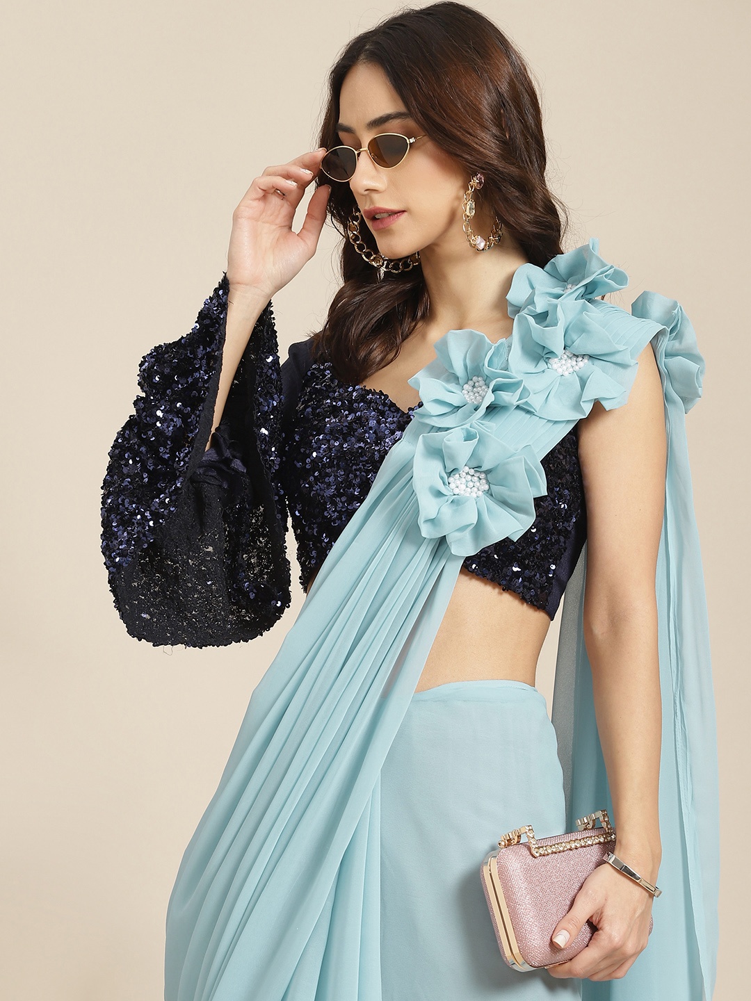 

Tikhi Imli Blue Floral Applique Ruffled Saree