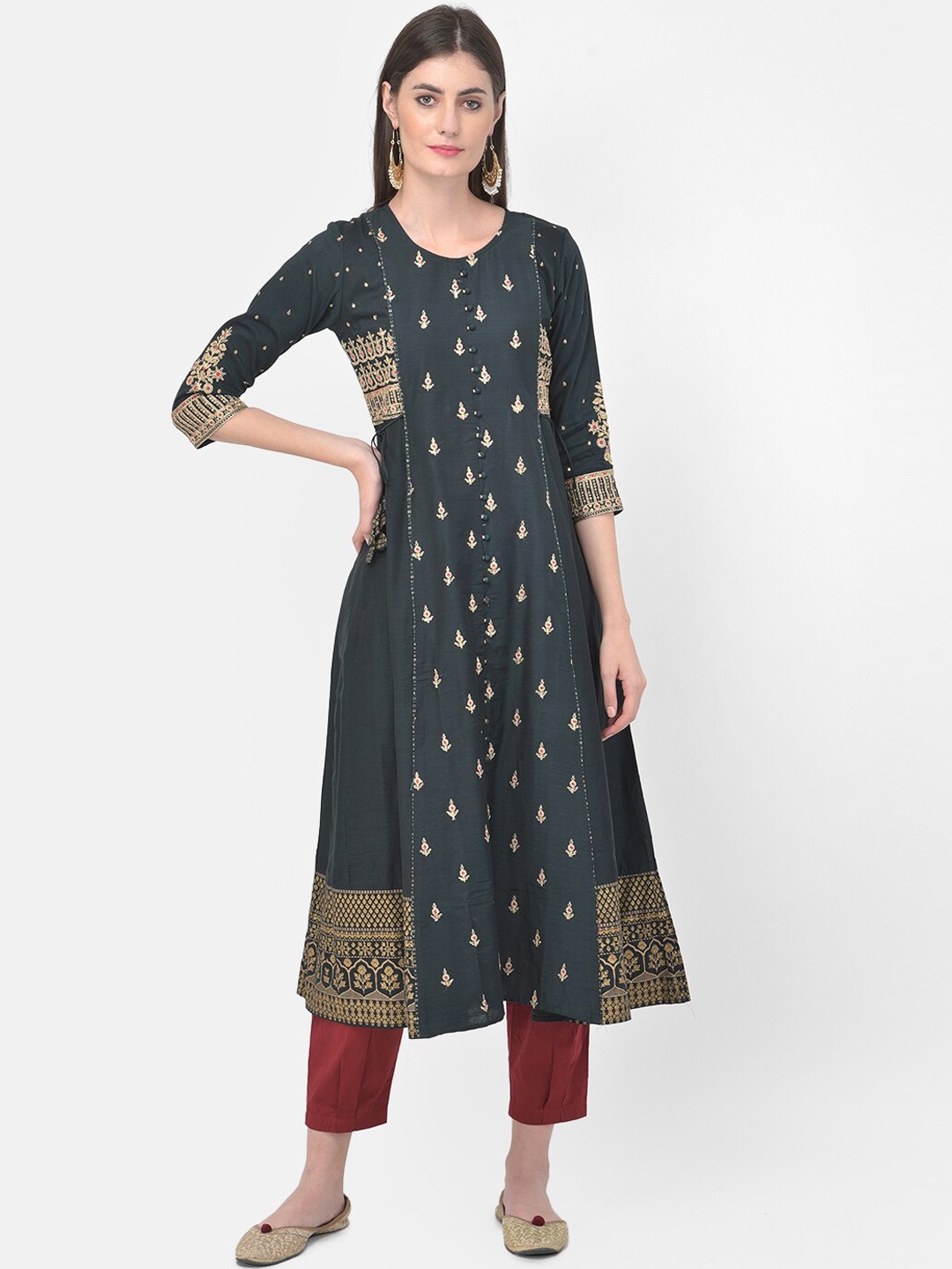

Span Women Green & ebony Geometric Printed Thread Work Kurta