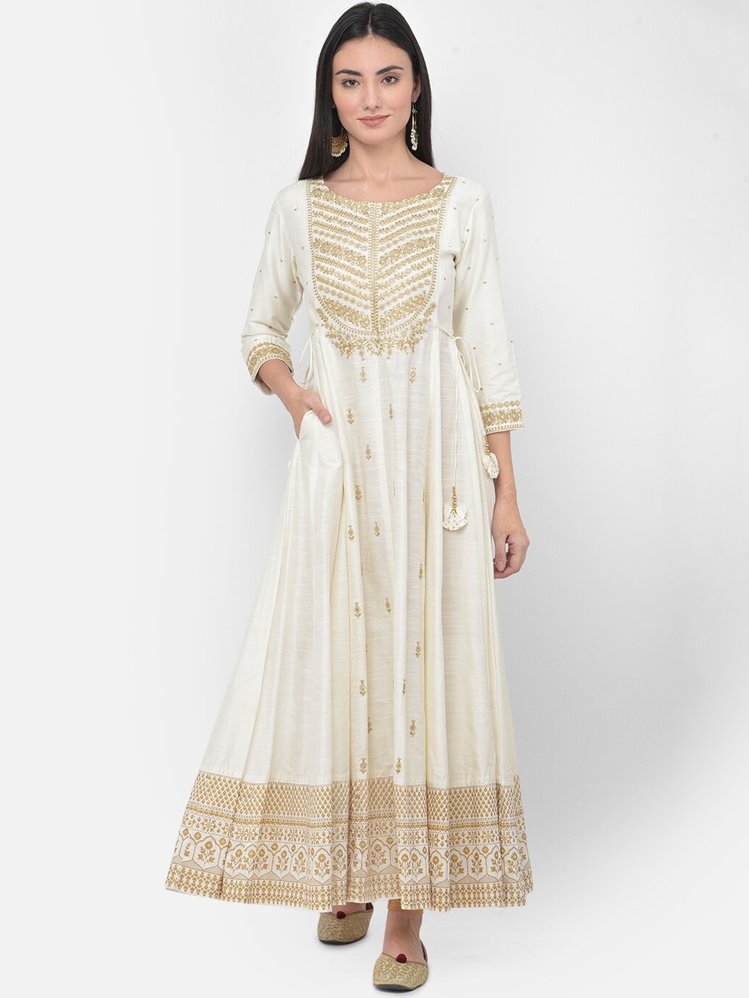 

Span Women White & Gold-Toned Ethnic Motifs Embroidered Thread Work White Romance Anarkali Kurta
