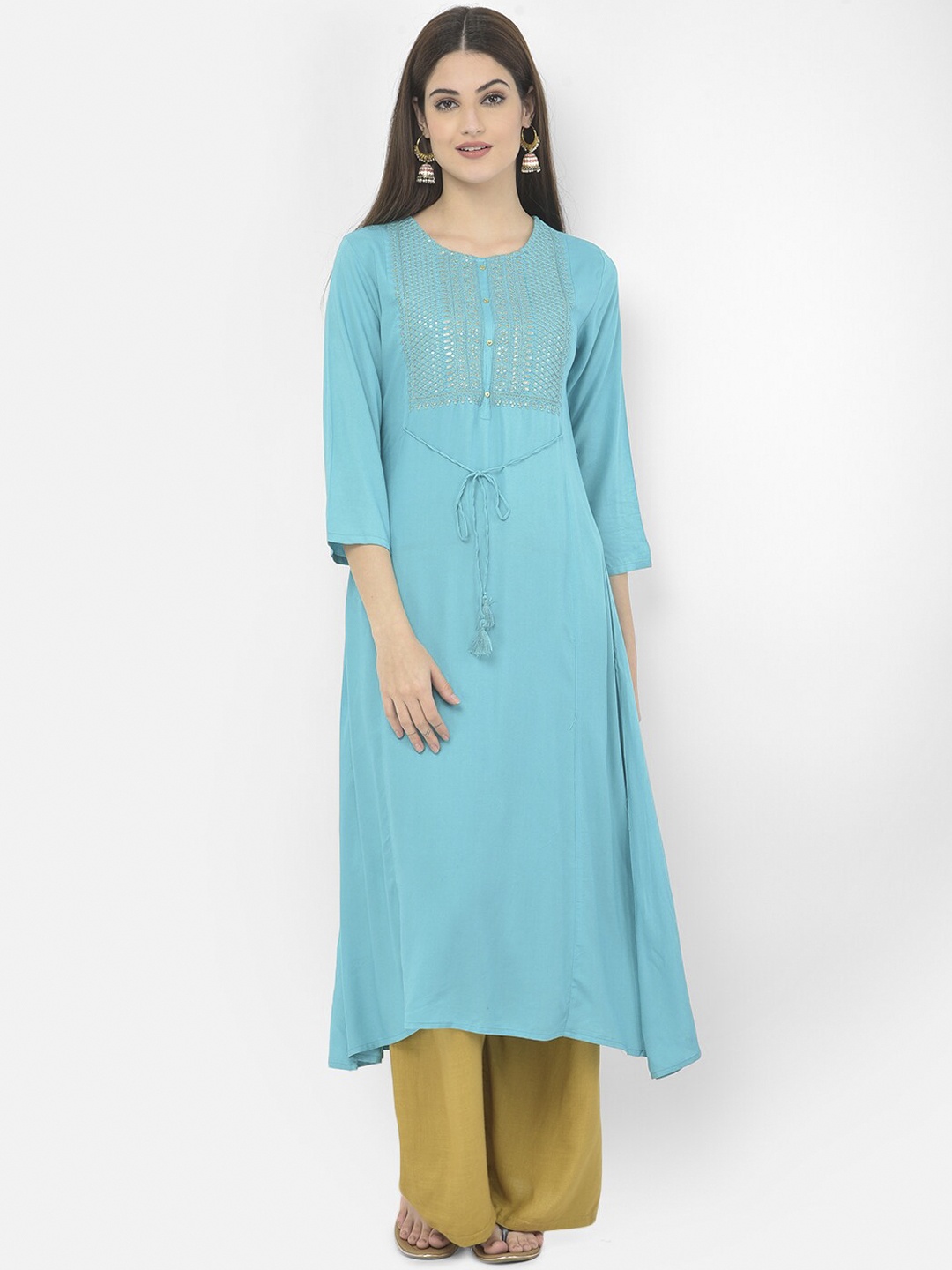 

Span Women Turquoise Blue Embroidered A-line Kurta