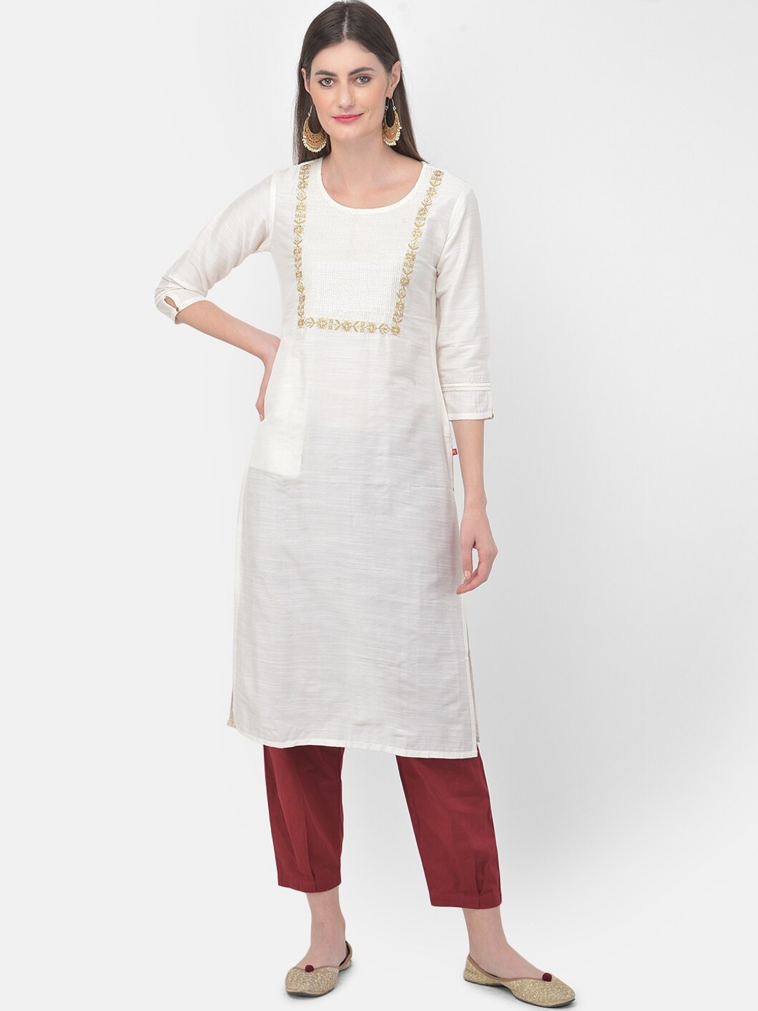 

Span Women White & white sand Thread Work Kurta