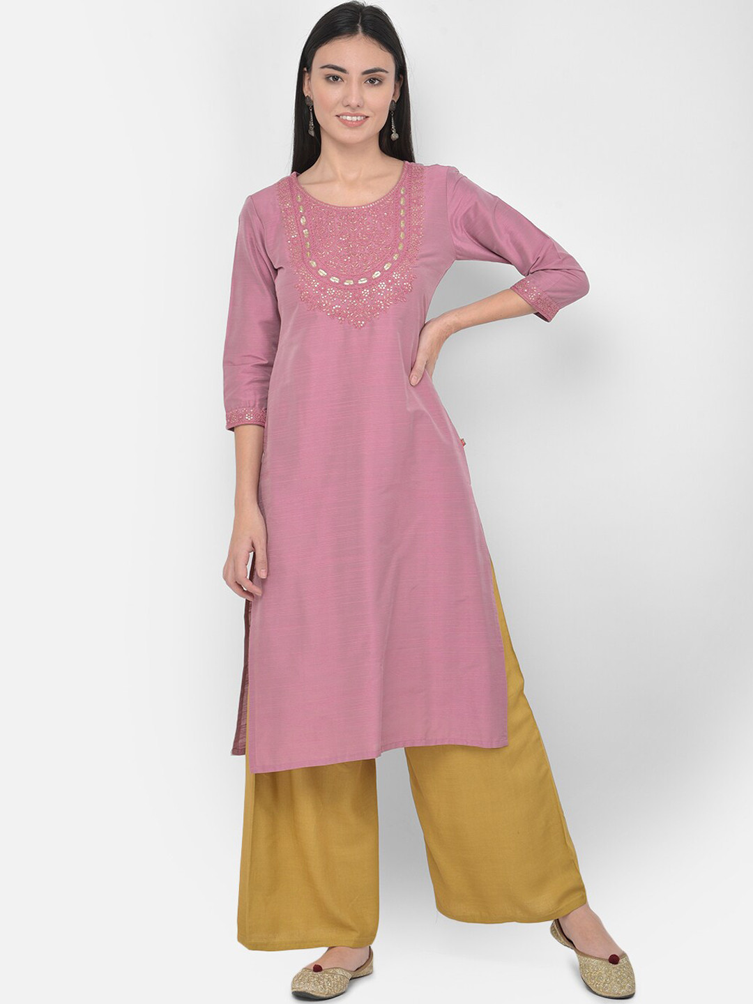 

Span Women Pink Yoke Design Thread Work Embroidered Straight Kurta
