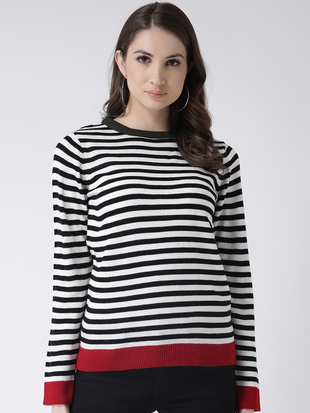 

Club York Women White & Black Striped Acrylic Pullover